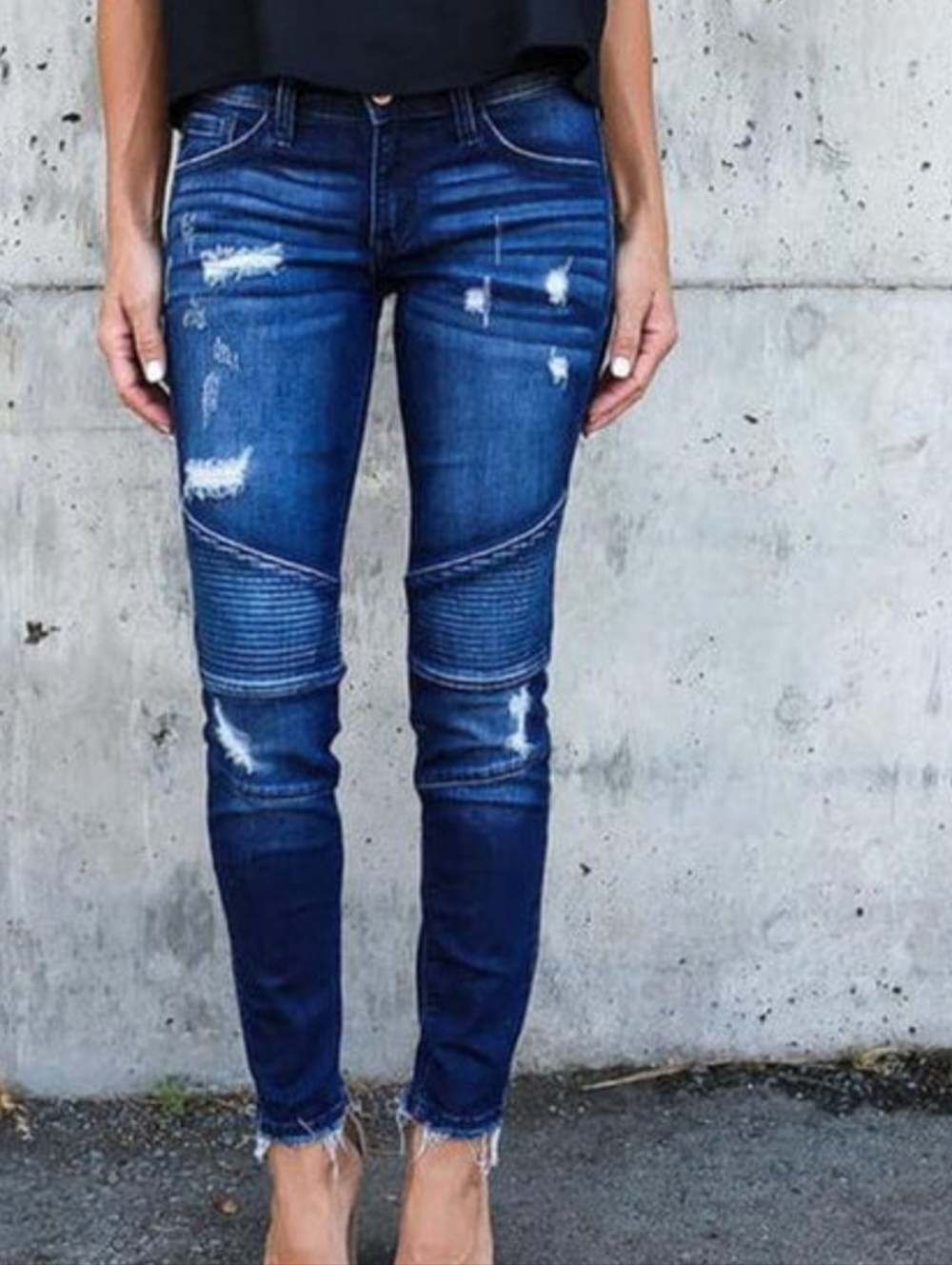 Kancan Dark Denim Moto Distressed Mid-Rise Skinny Jeans